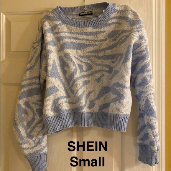 SHEIN Sweaters - SHEIN Light Blue and White Abstract Sweater
